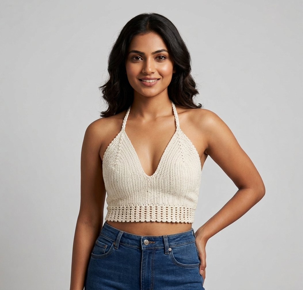 Cream V-neck halter crochet crop top with lattice detail, handmade in Narsapuram
