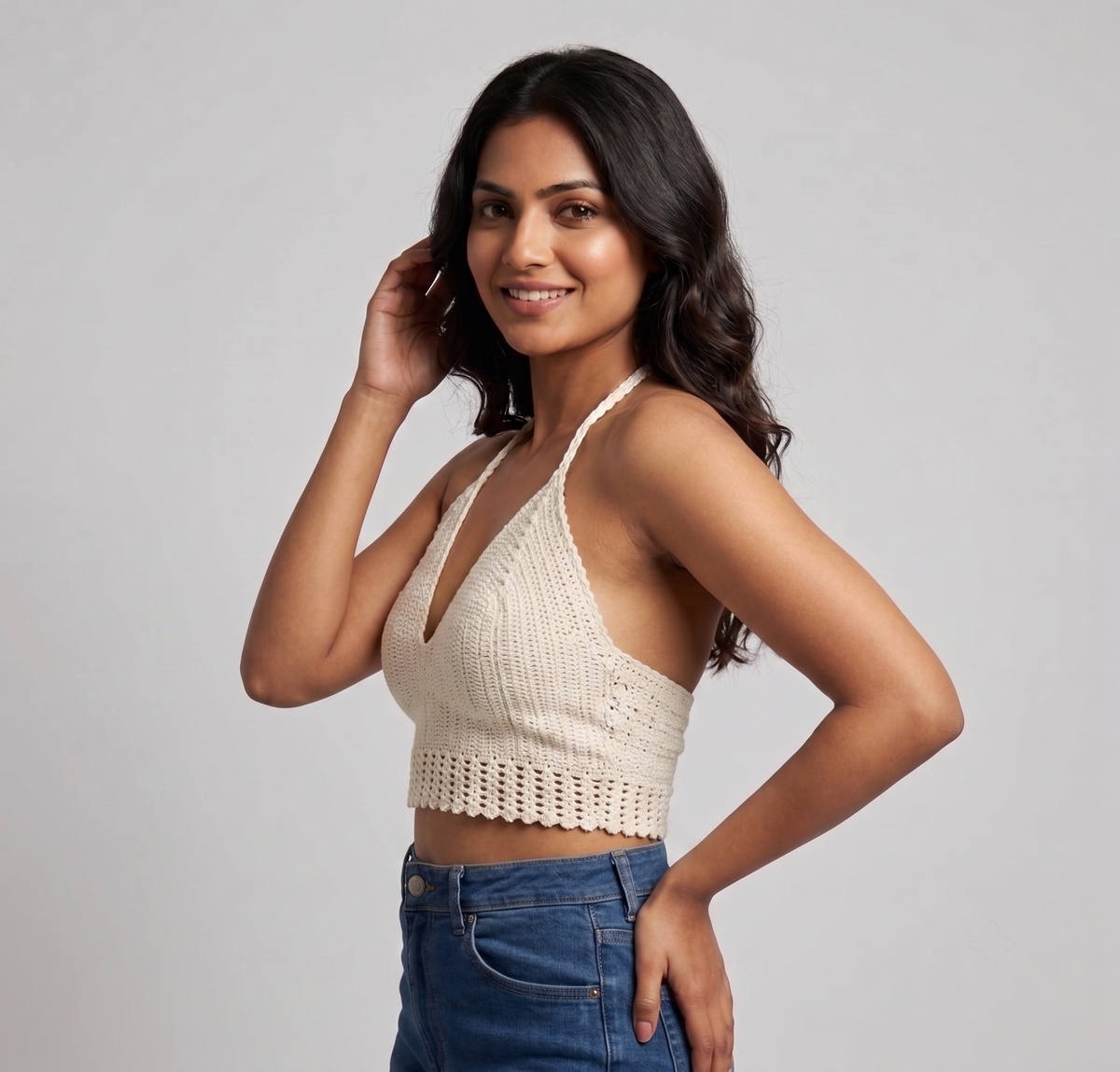 Cream Halter Neck Crochet Crop Top — view 5