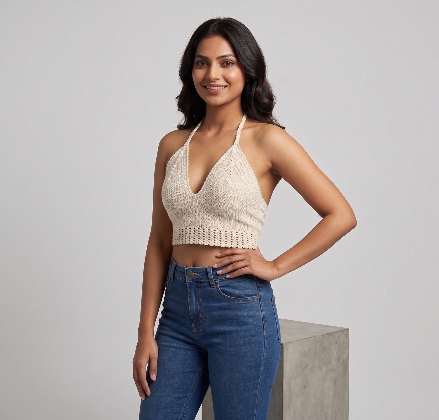 Cream Halter Neck Crochet Crop Top — view 3