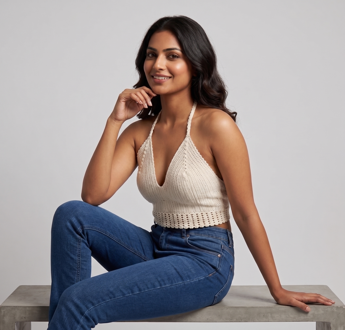 Cream Halter Neck Crochet Crop Top — view 2