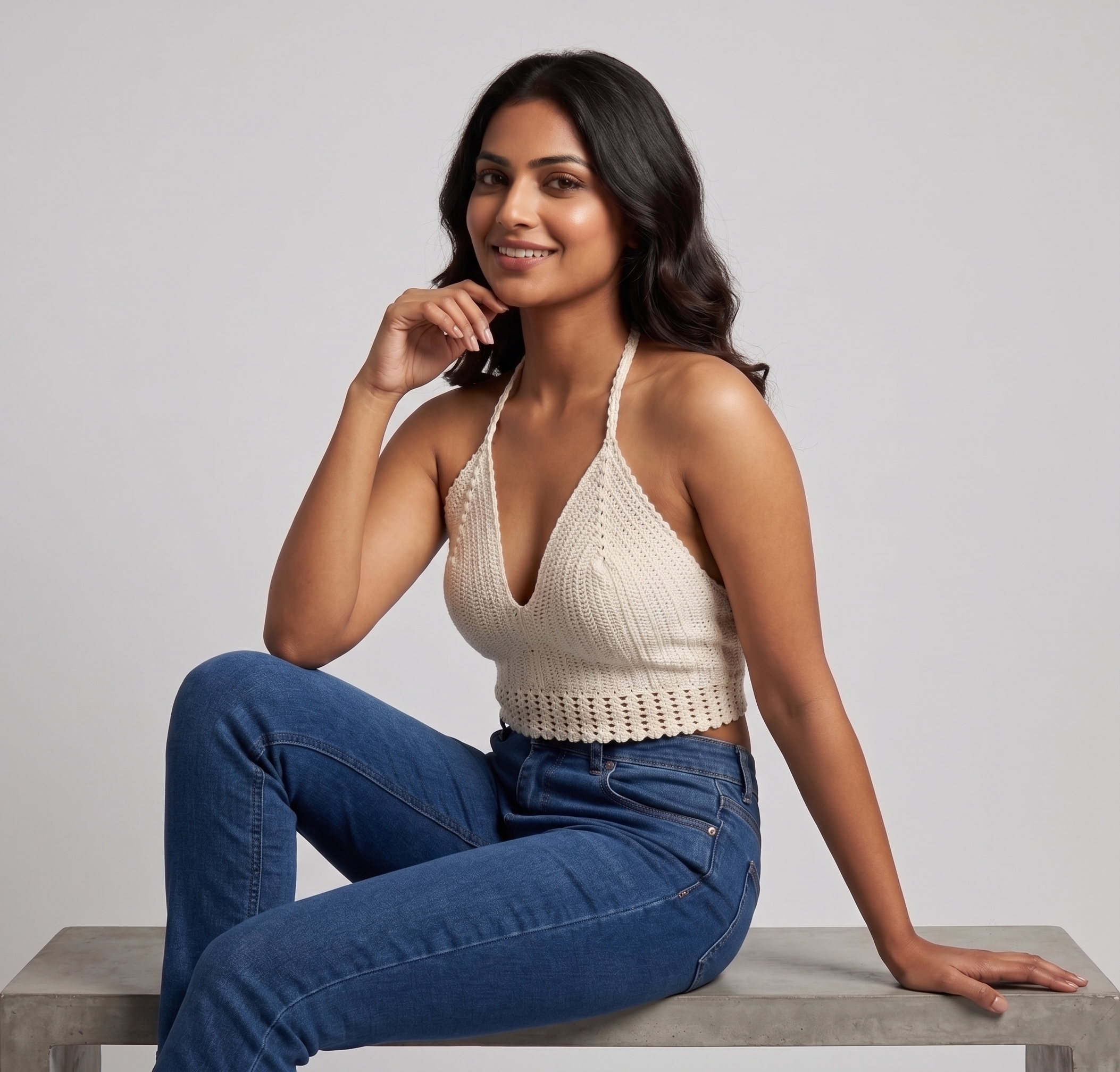 Cream Halter Neck Crochet Crop Top — view 2