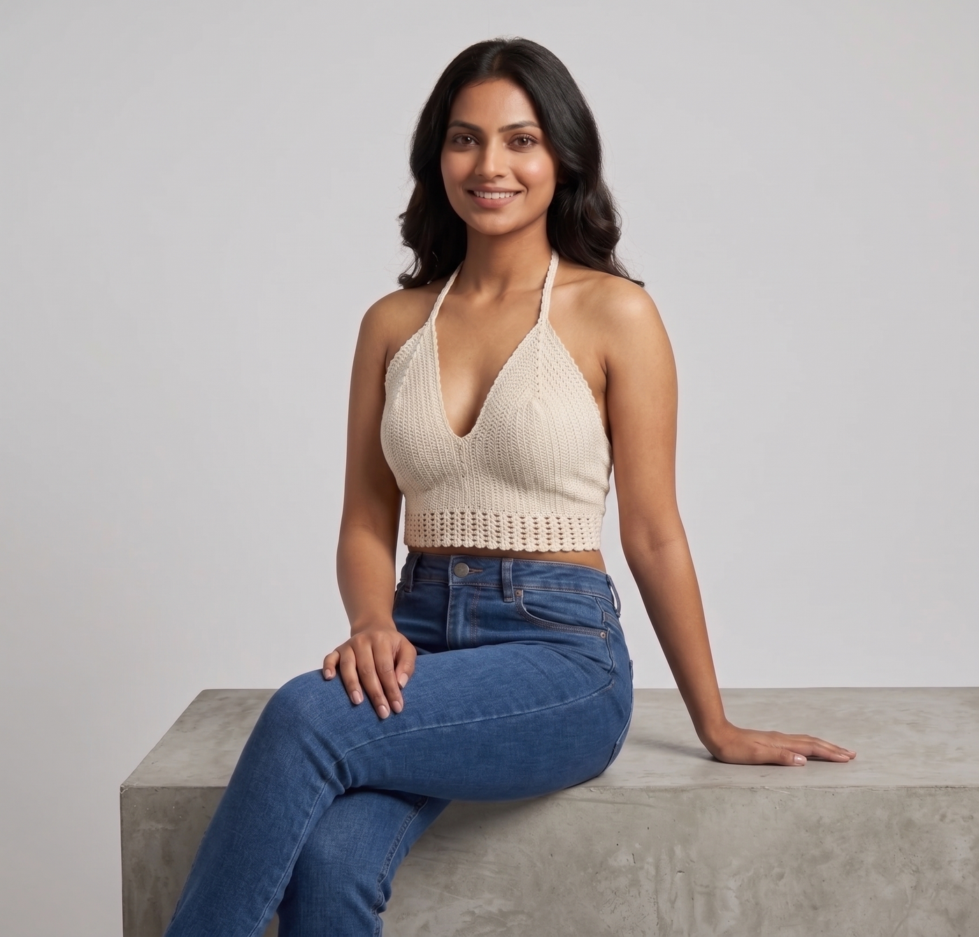 Cream Halter Neck Crochet Crop Top — view 4