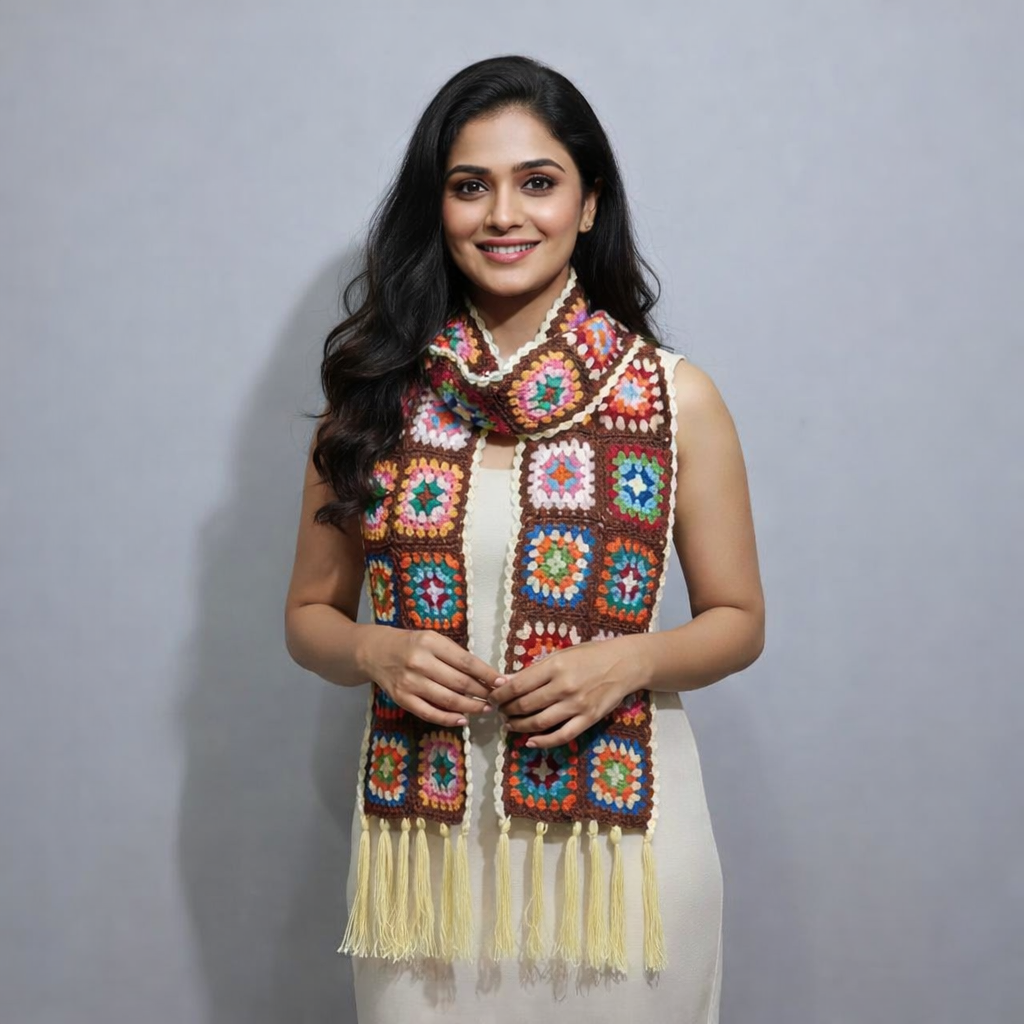 Handmade Square Scarf Square Pattern with Tassels | Multicolour