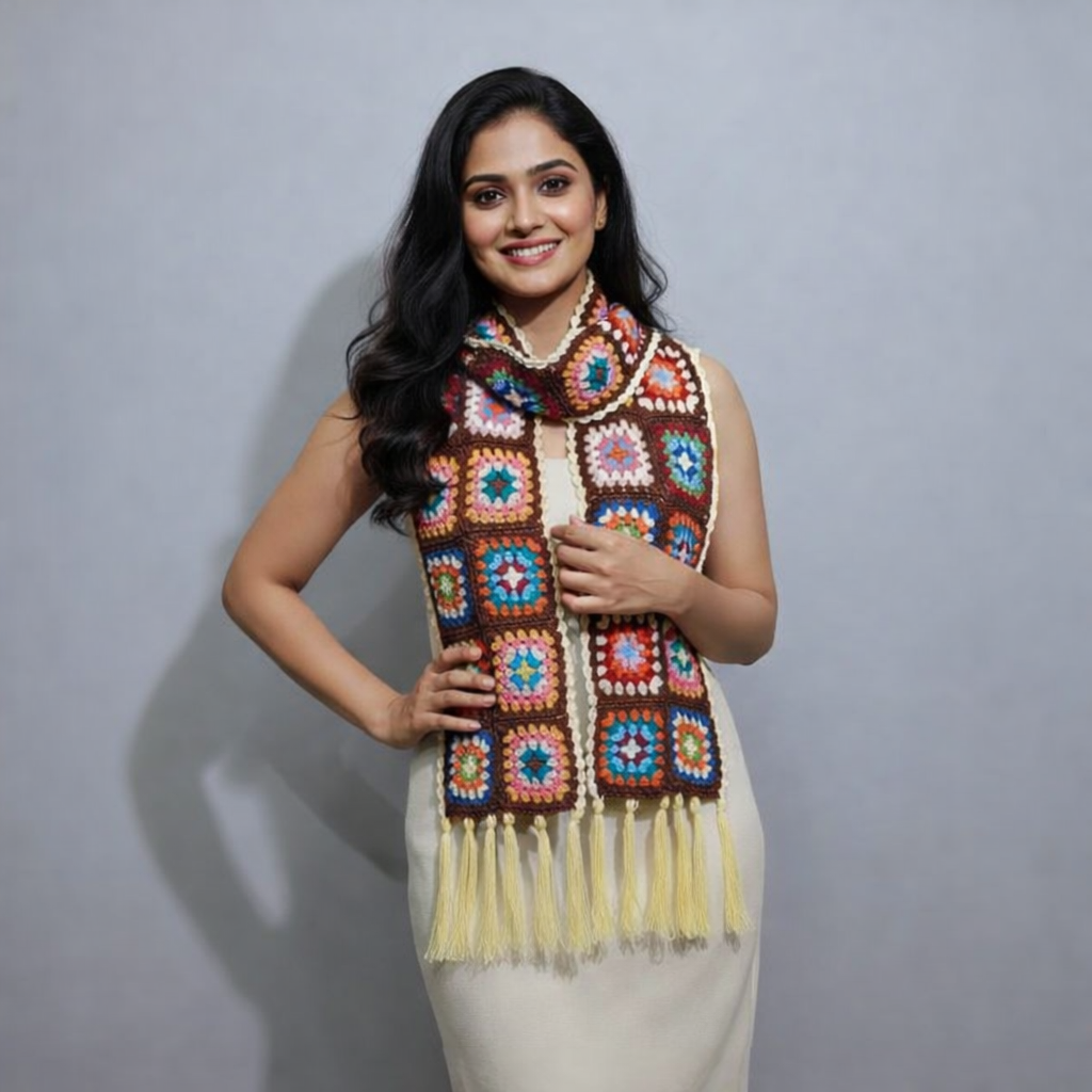 Handmade Square Scarf Square Pattern with Tassels | Multicolour