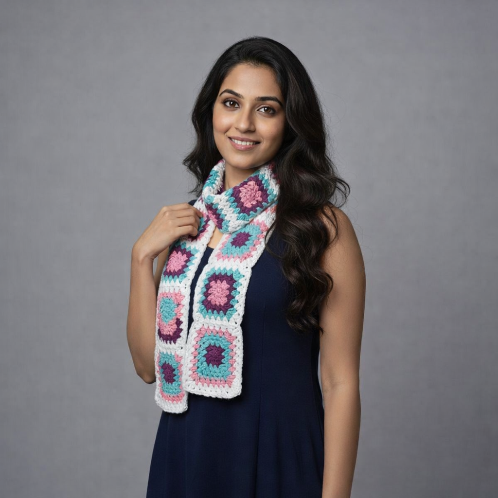 Handmade Square Crochet Scarf | Multicolor Purple Pink