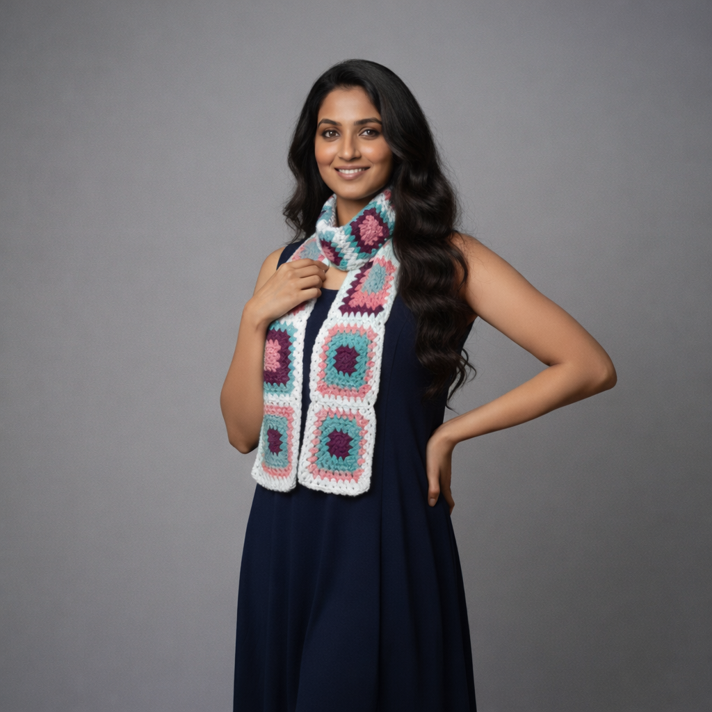 Purple and pink multicolour crochet square scarf, handmade in Narsapuram