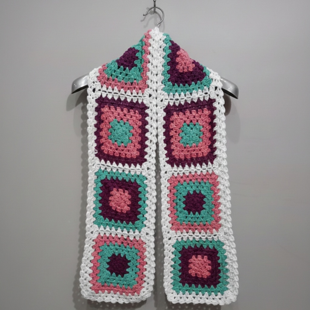 Handmade Square Crochet Scarf | Multicolor Purple Pink