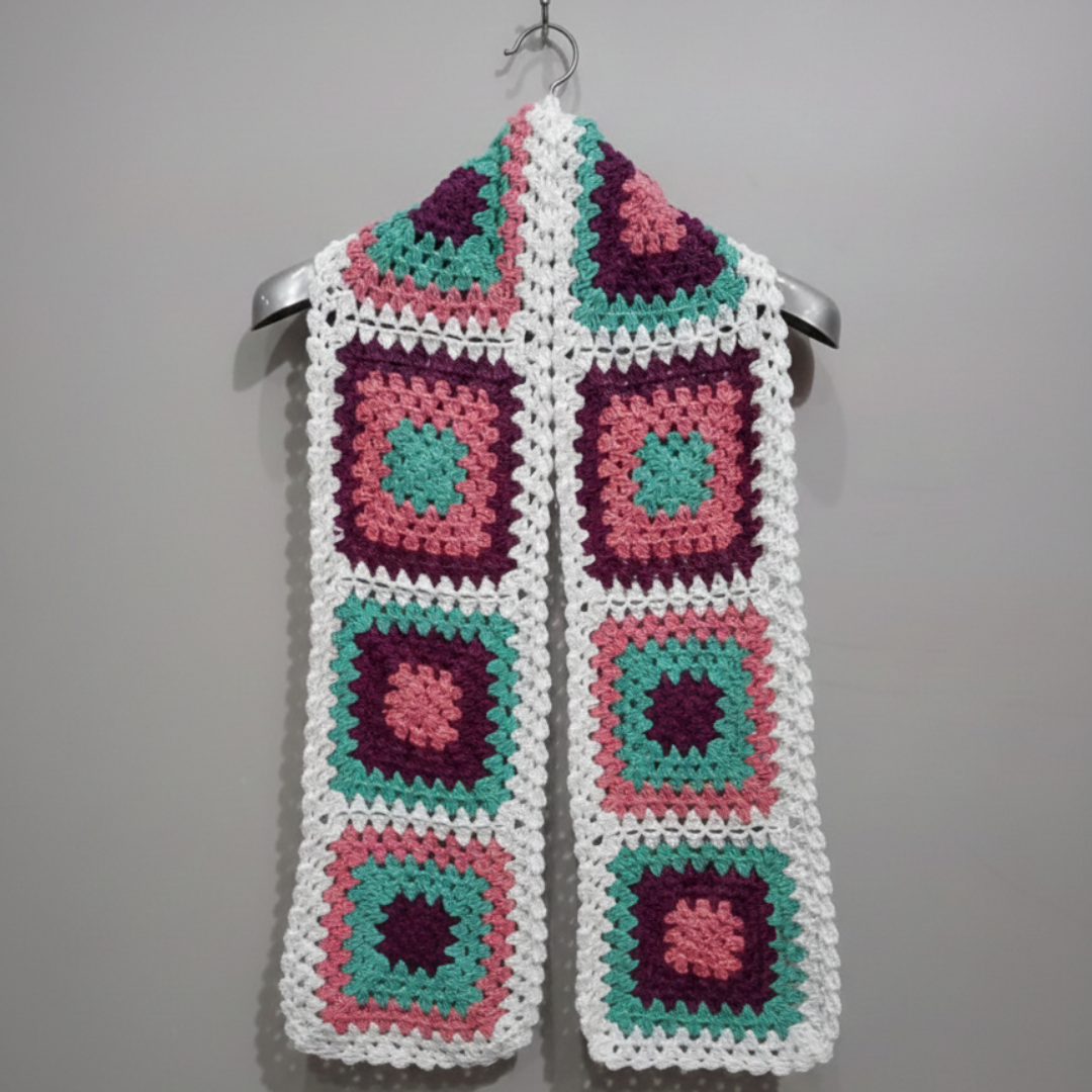 Handmade Square Crochet Scarf | Multicolor Purple Pink