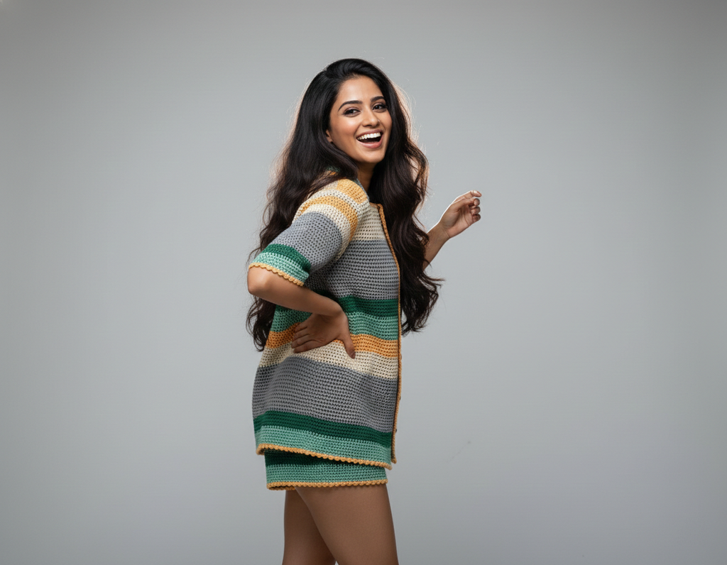 Handmade Striped Crochet Button-Up Shirt & Shorts Set | Green Grey Mustard