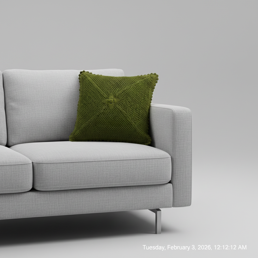 Olive green crochet cushion cover with scalloped edge, handmade in Narsapuram
