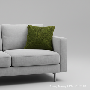 Olive green crochet cushion cover with scalloped edge, handmade in Narsapuram