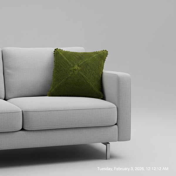 Olive green crochet cushion cover with scalloped edge, handmade in Narsapuram