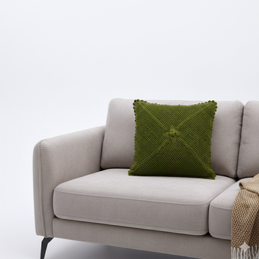 Olive Green Crochet Cushion Cover with Scalloped Edge