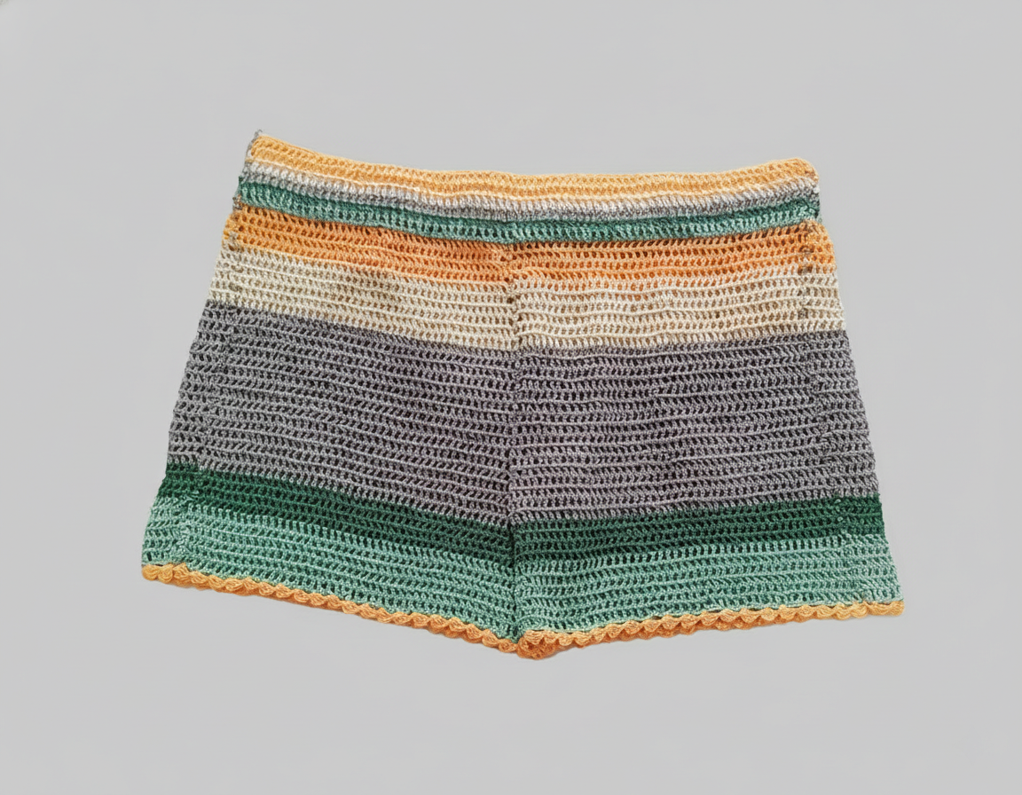 Handmade Striped Crochet Button-Up Shirt & Shorts Set | Green Grey Mustard