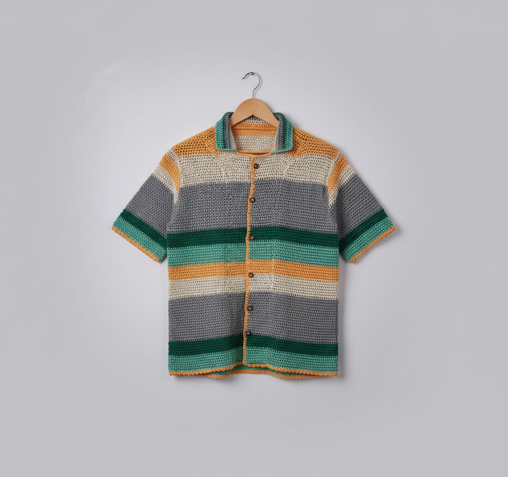 Handmade Striped Crochet Button-Up Shirt & Shorts Set | Green Grey Mustard