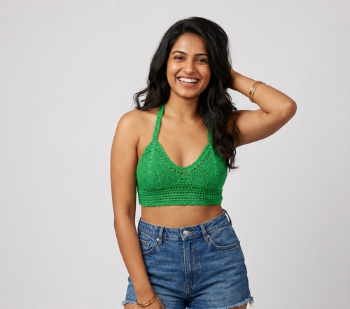 Green V-neck crochet crop top with spaghetti straps, handmade in Narsapuram
