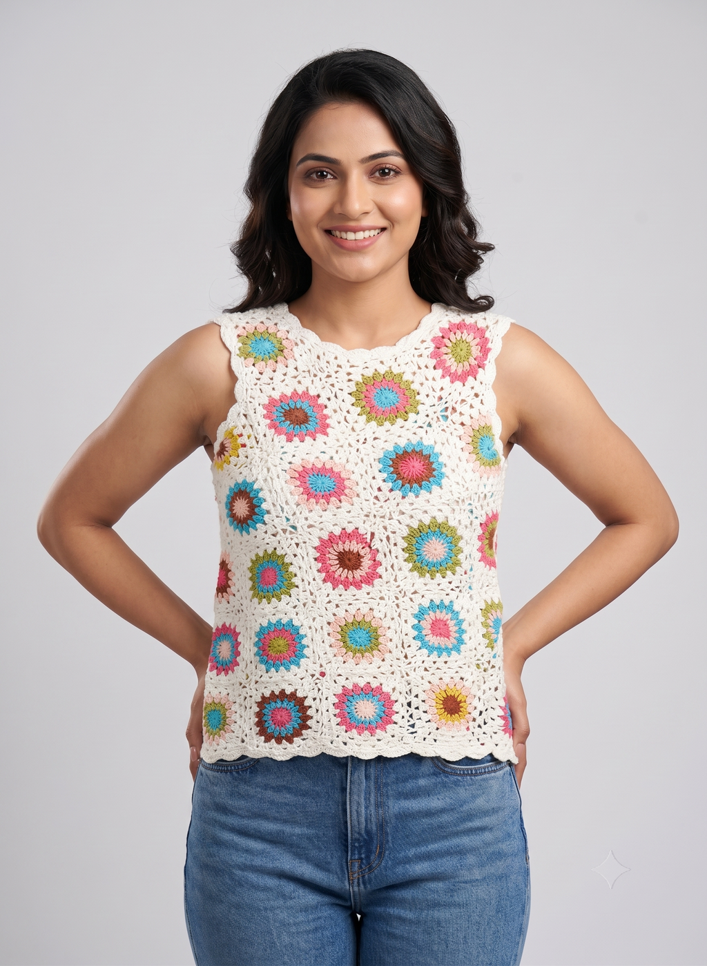 Ivory crochet top with floral granny squares in pink, blue and mustard, handmade in Narsapuram