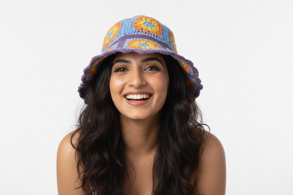 Handmade Floral Motif Crochet Bucket Hat | Purple Blue Orange