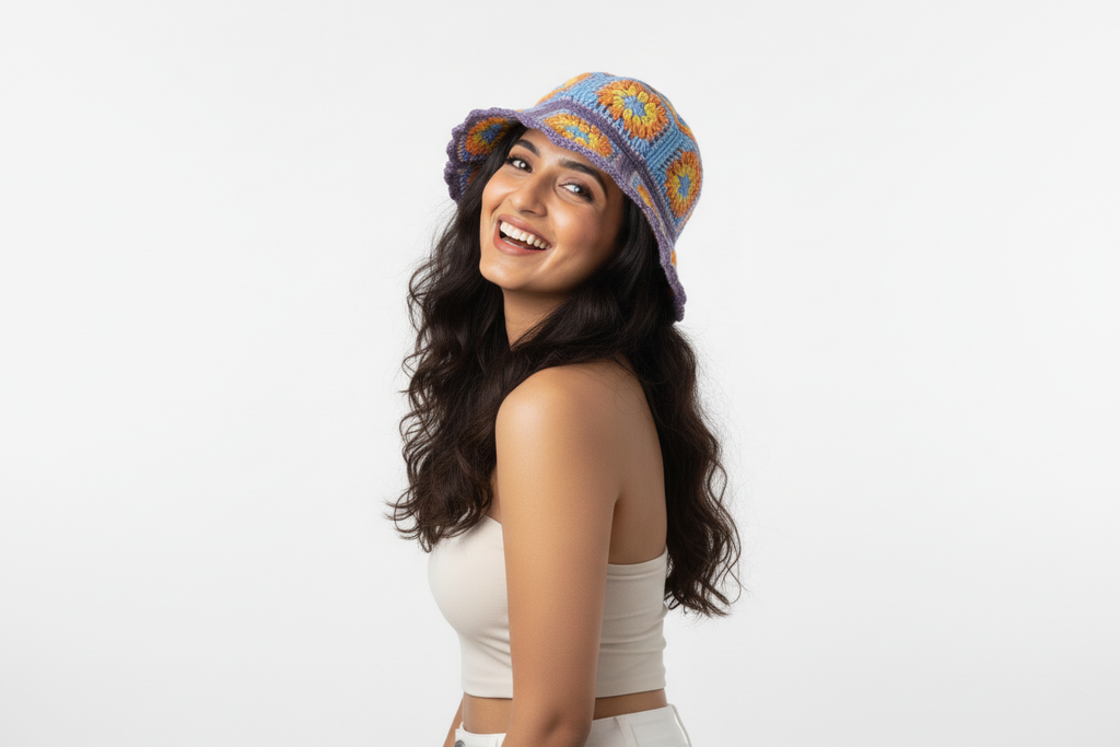 Handmade Floral Motif Crochet Bucket Hat | Purple Blue Orange