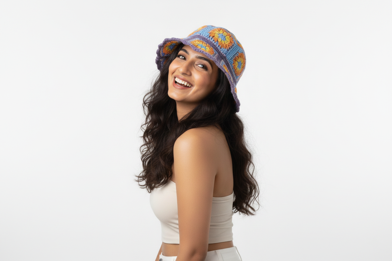 Handmade Floral Motif Crochet Bucket Hat | Purple Blue Orange