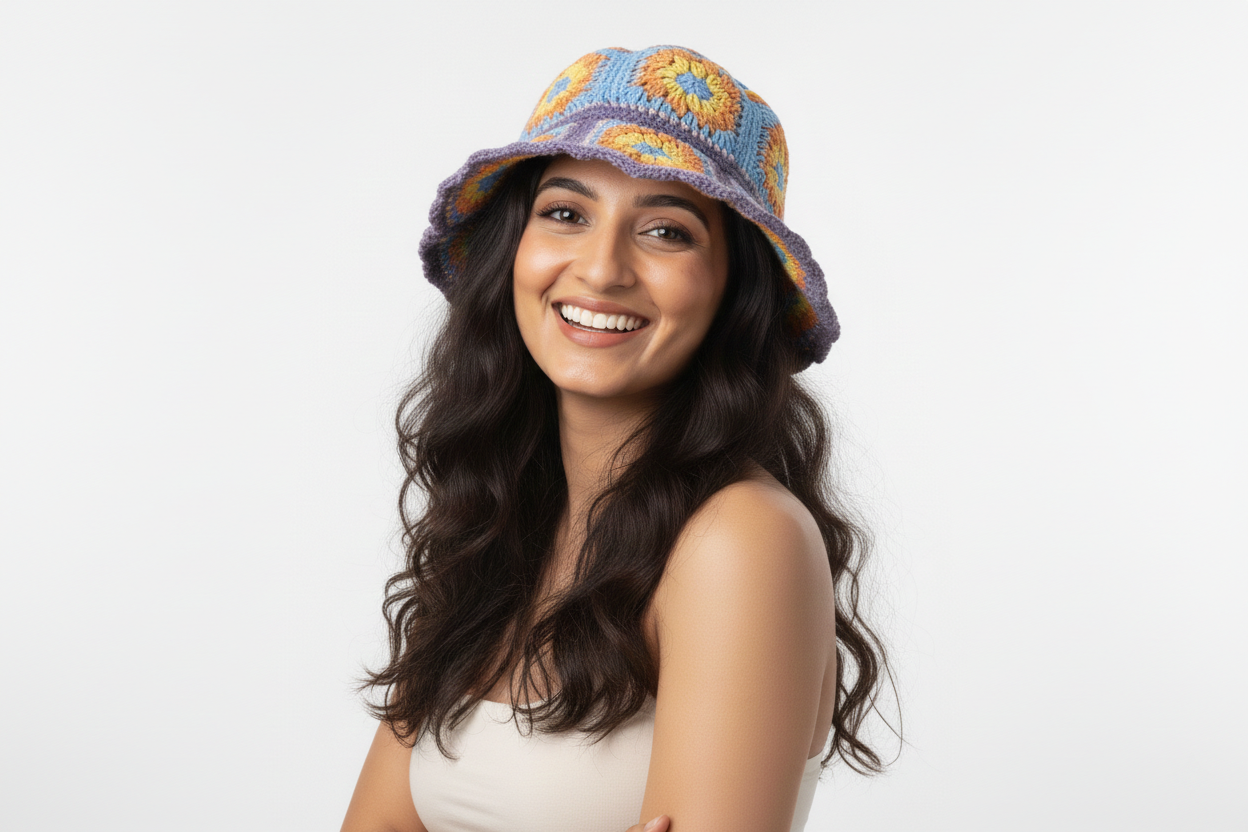 Handmade Floral Motif Crochet Bucket Hat | Purple Blue Orange