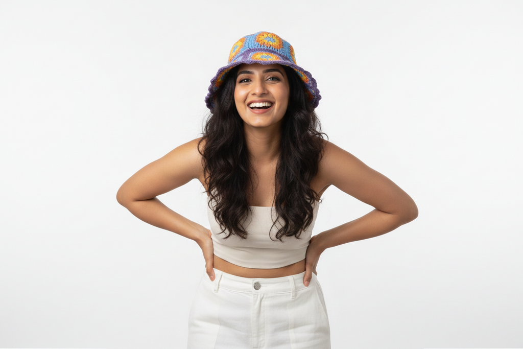 Handmade Floral Motif Crochet Bucket Hat | Purple Blue Orange