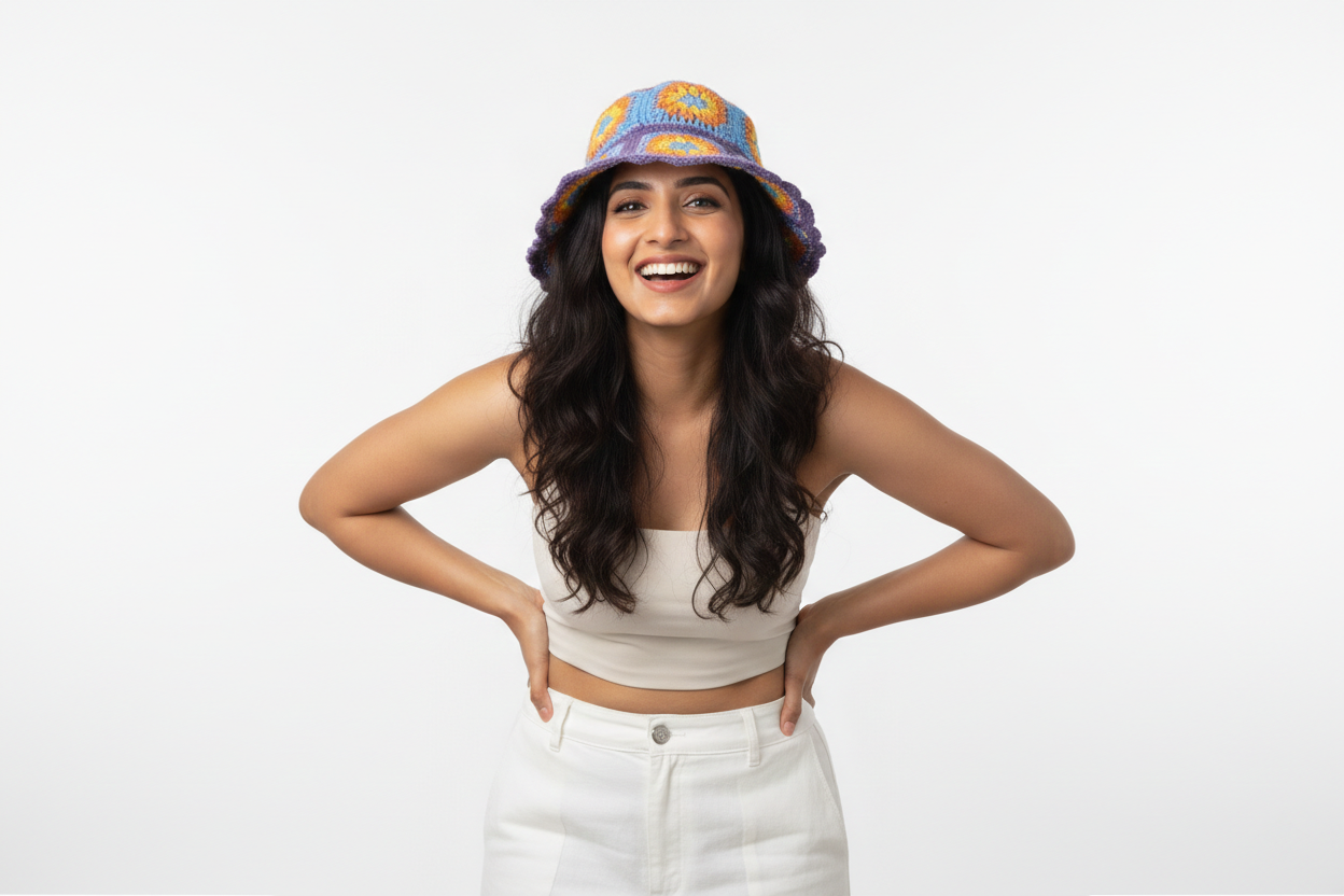 Handmade Floral Motif Crochet Bucket Hat | Purple Blue Orange