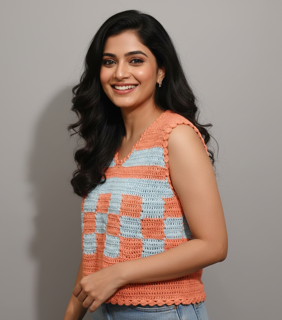 Handmade Checkerboard Crochet Top Sleeveless | Orange Blue