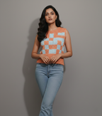 Handmade Checkerboard Crochet Top Sleeveless | Orange Blue