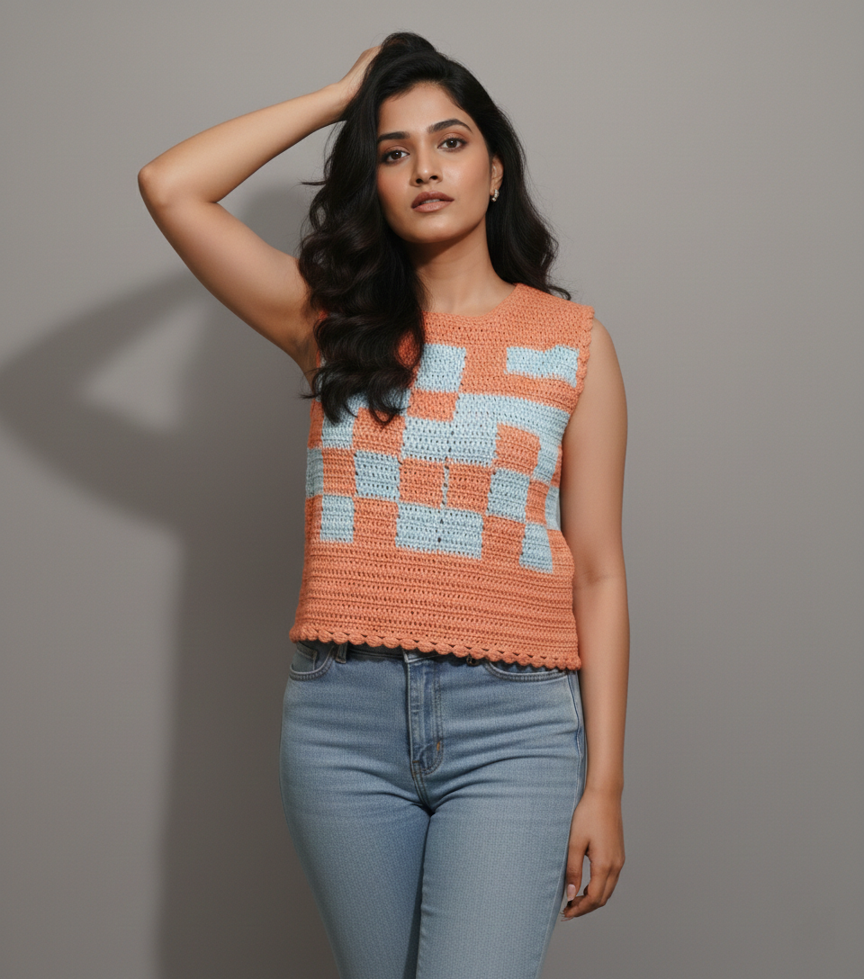 Handmade Checkerboard Crochet Top Sleeveless | Orange Blue