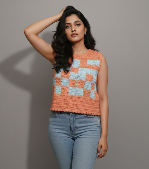 Handmade Checkerboard Crochet Top Sleeveless | Orange Blue