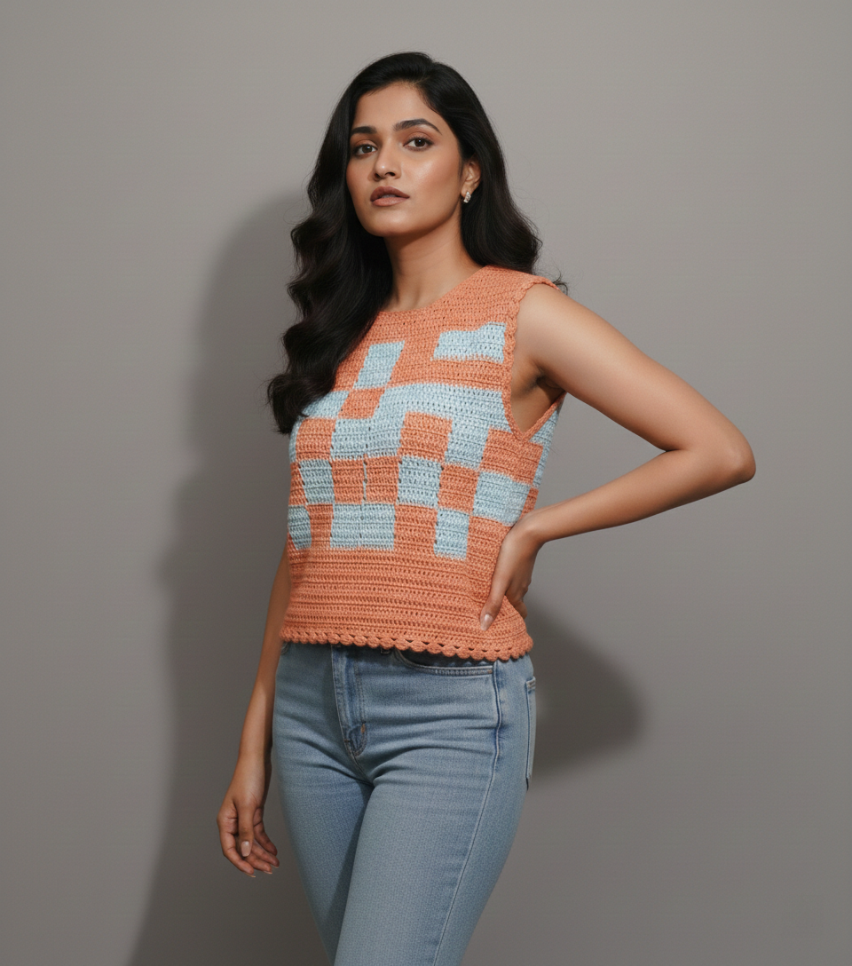 Orange and blue checkered sleeveless crochet top, handmade in Narsapuram