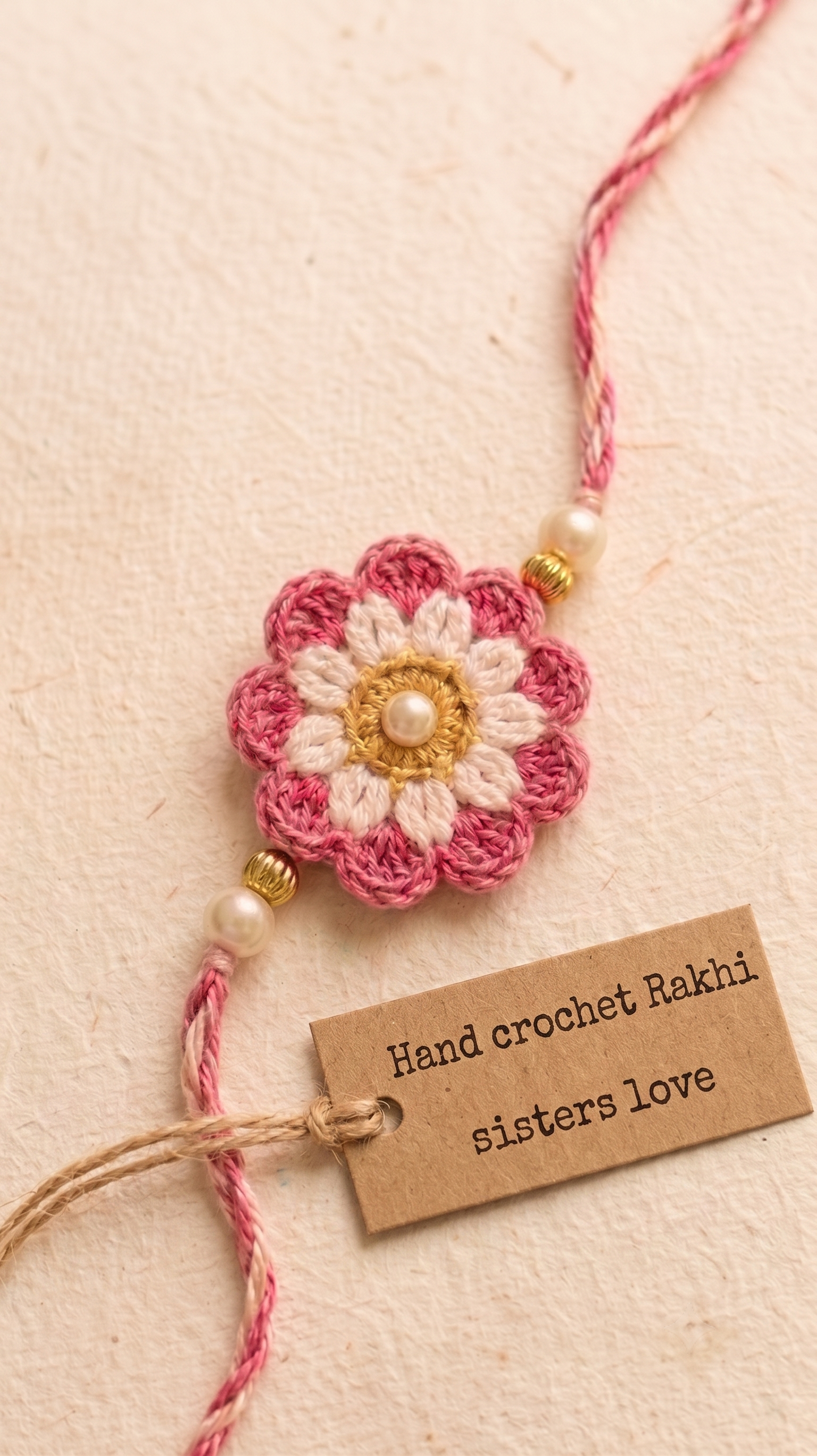 Handmade pink ombre layered crochet flower rakhi with pearl and gold beads