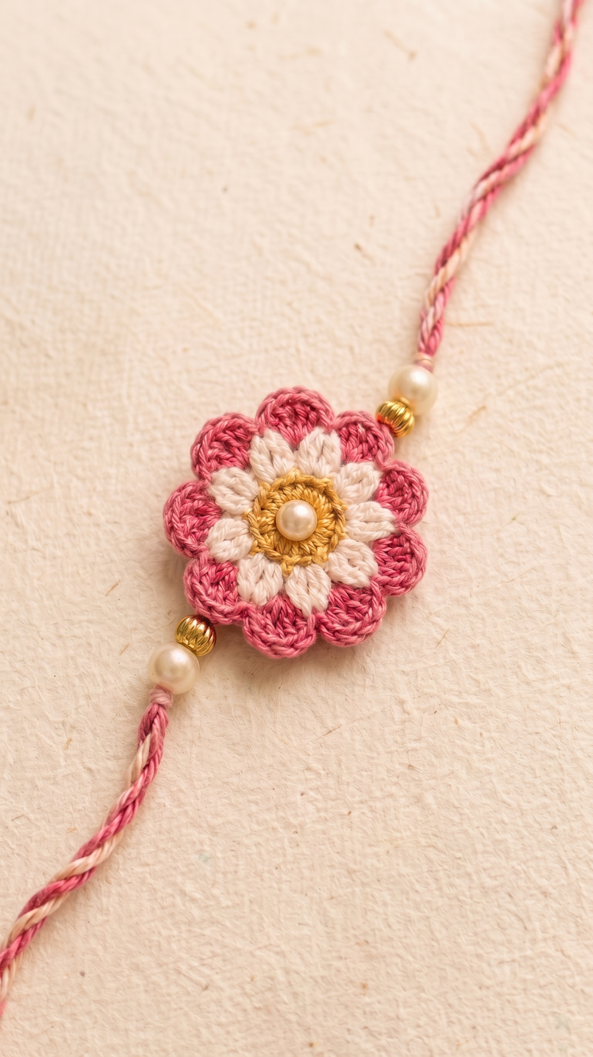 Handmade pink ombre layered crochet flower rakhi with pearl and gold beads