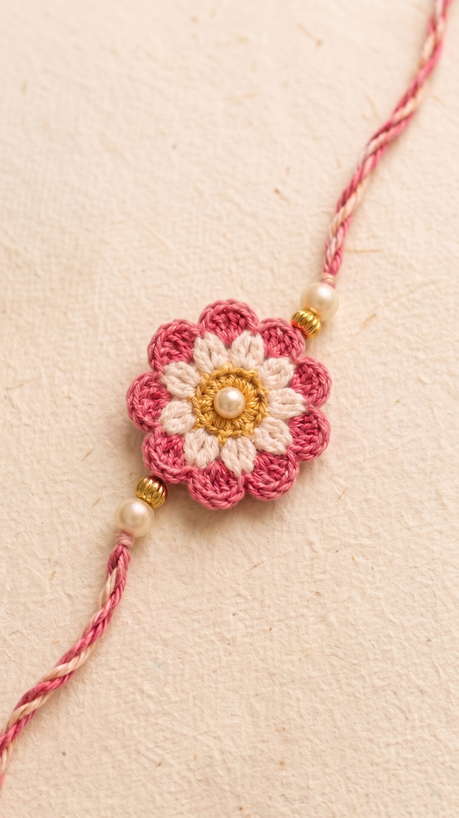 Handmade pink ombre layered crochet flower rakhi with pearl and gold beads