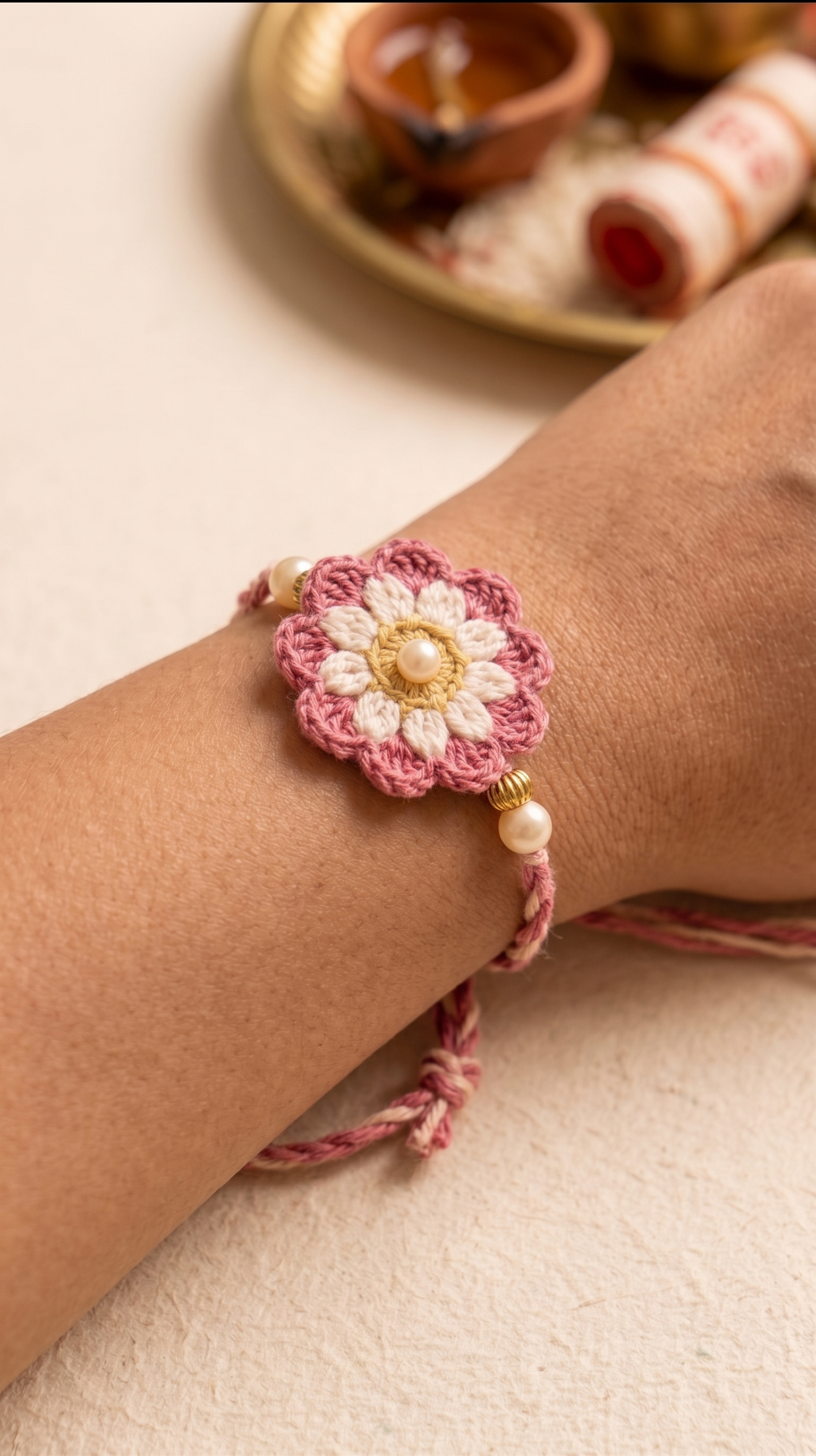 Handmade pink ombre layered crochet flower rakhi with pearl and gold beads