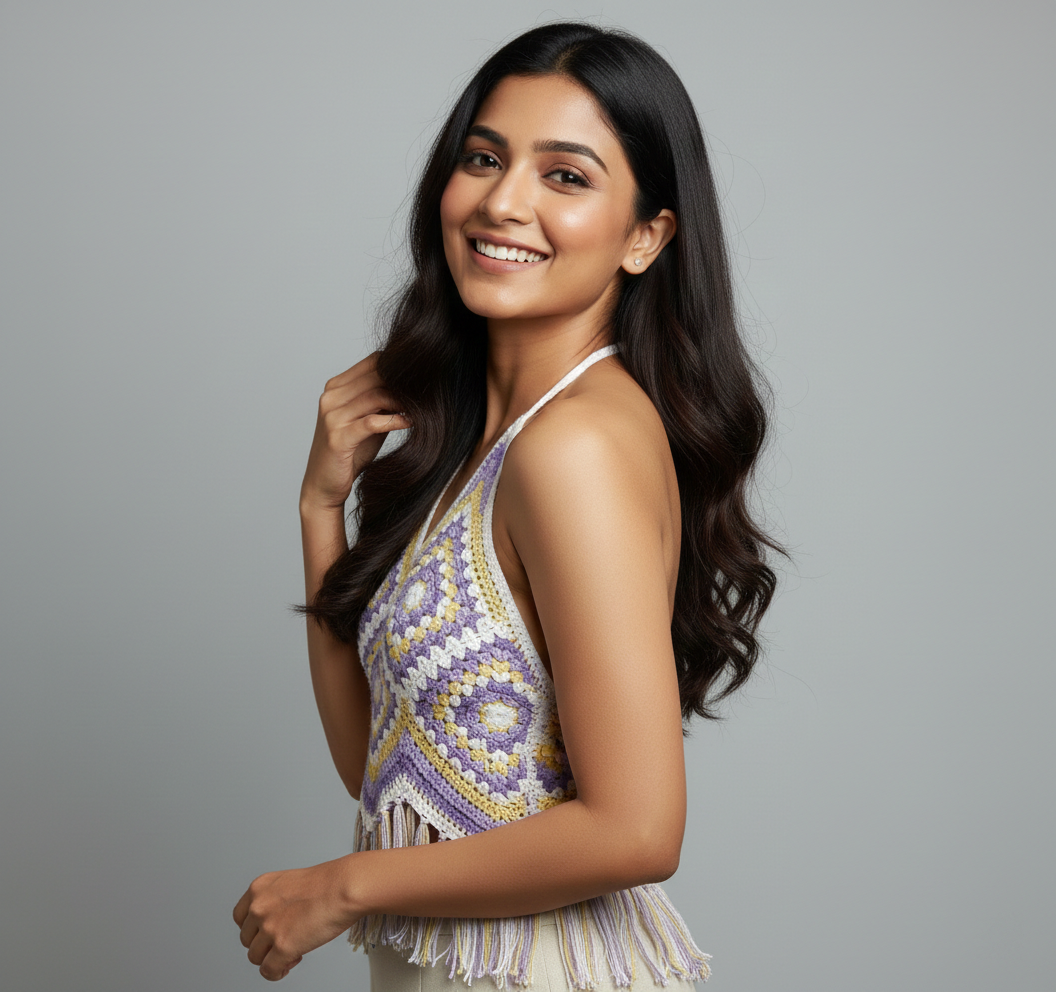 Lavender crochet halter top with floral motifs and fringe, handmade in Narsapuram