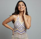 Handmade Floral Crochet Halter Top with Fringe Boho Festival Wear | Purple & White