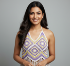 Handmade Floral Crochet Halter Top with Fringe Boho Festival Wear | Purple & White