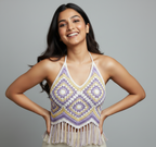 Handmade Floral Crochet Halter Top with Fringe Boho Festival Wear | Purple & White