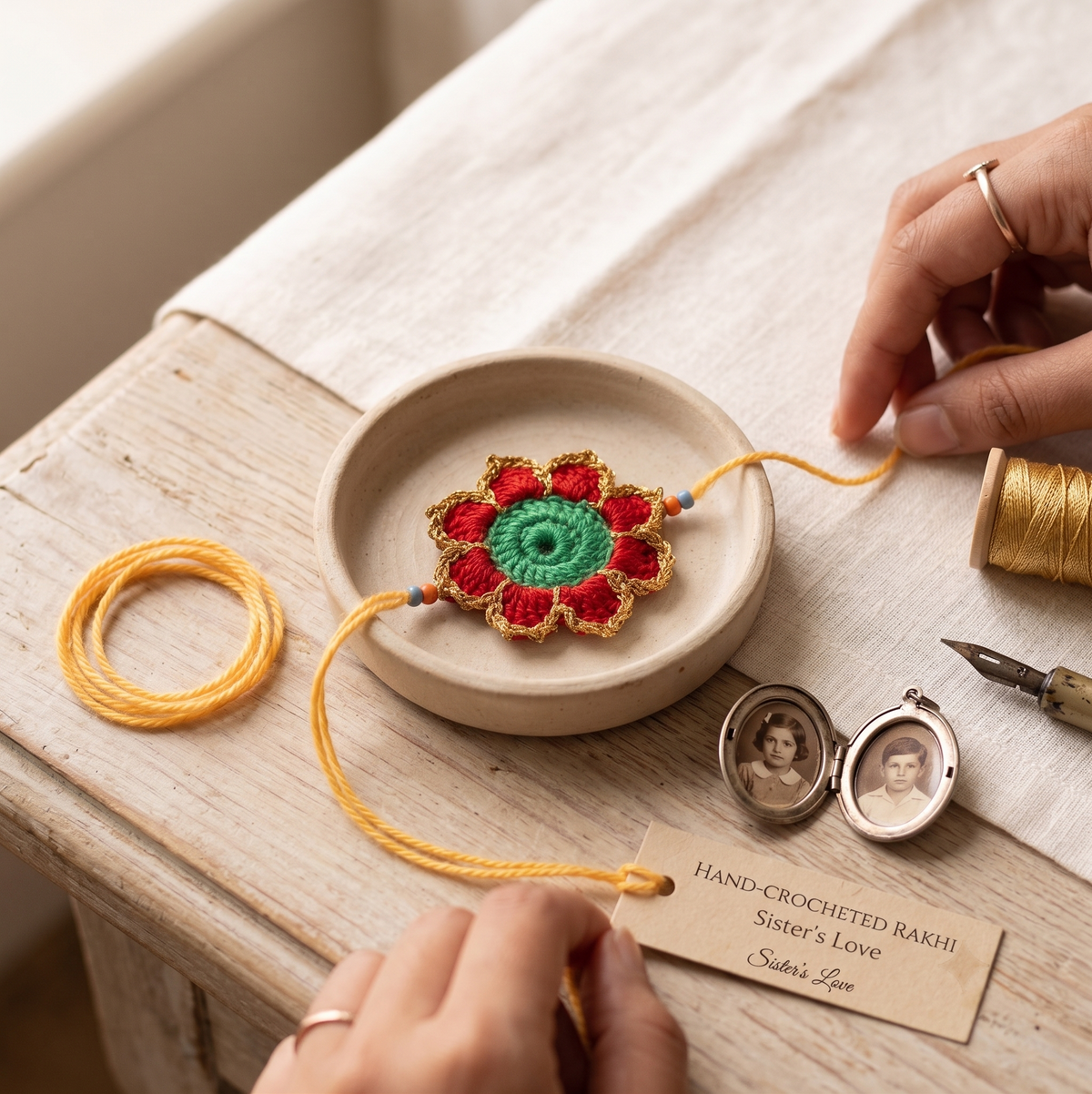 Handmade red green and gold crochet marigold flower rakhi with pearl for Raksha Bandhan