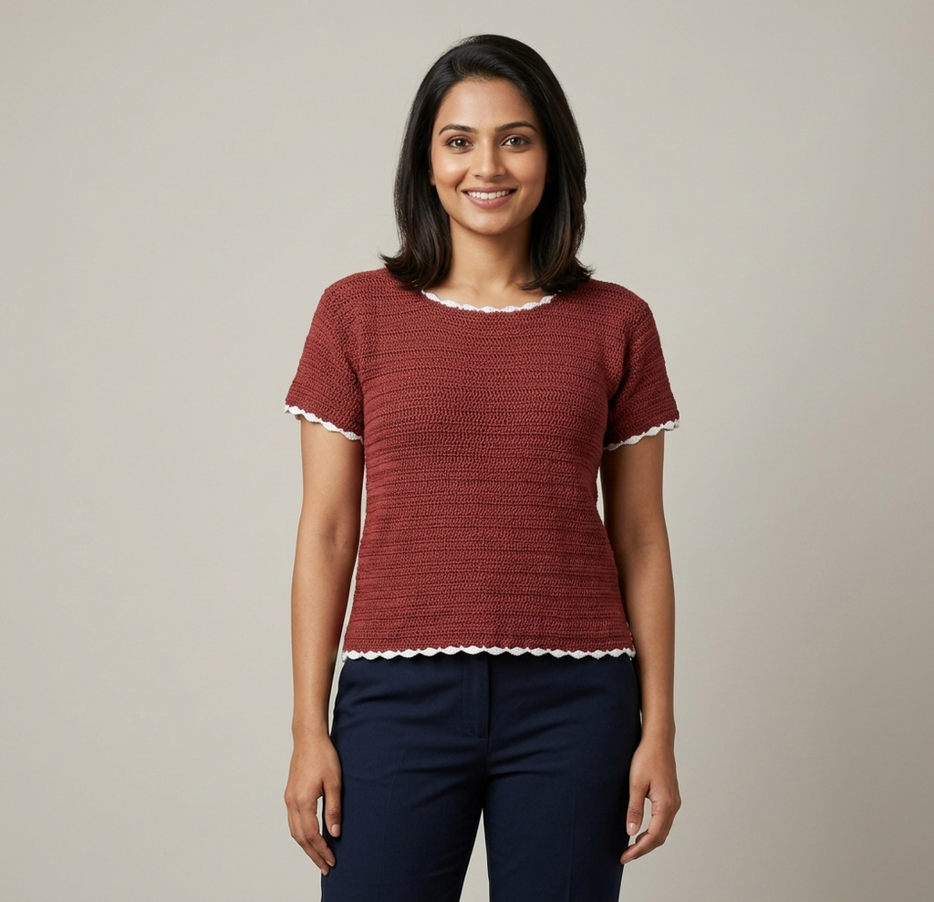 Rust short-sleeve crochet top with white scalloped trim, handmade in Narsapuram