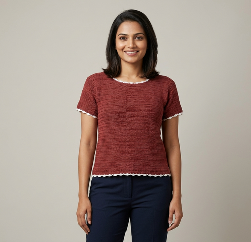 Rust short-sleeve crochet top with white scalloped trim, handmade in Narsapuram