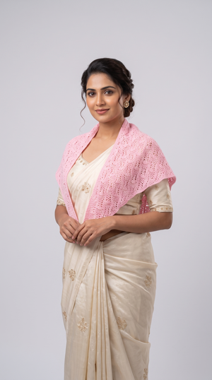 Blush pink openwork lace crochet shawl, handmade in Narsapuram