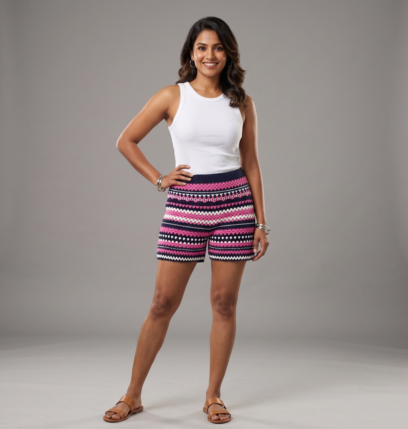 Navy crochet shorts with pink Fair Isle pattern, handmade in Narsapuram