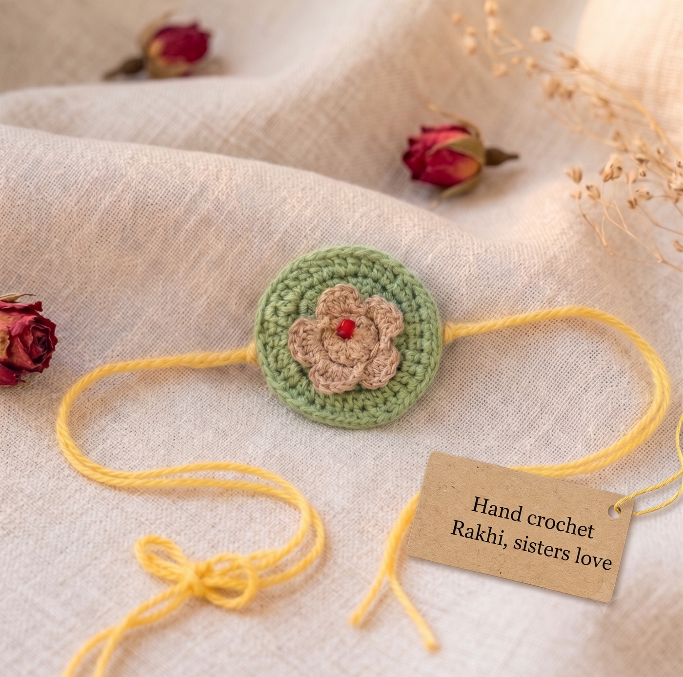 Handmade sage green crochet disc rakhi with beige flower and red bead