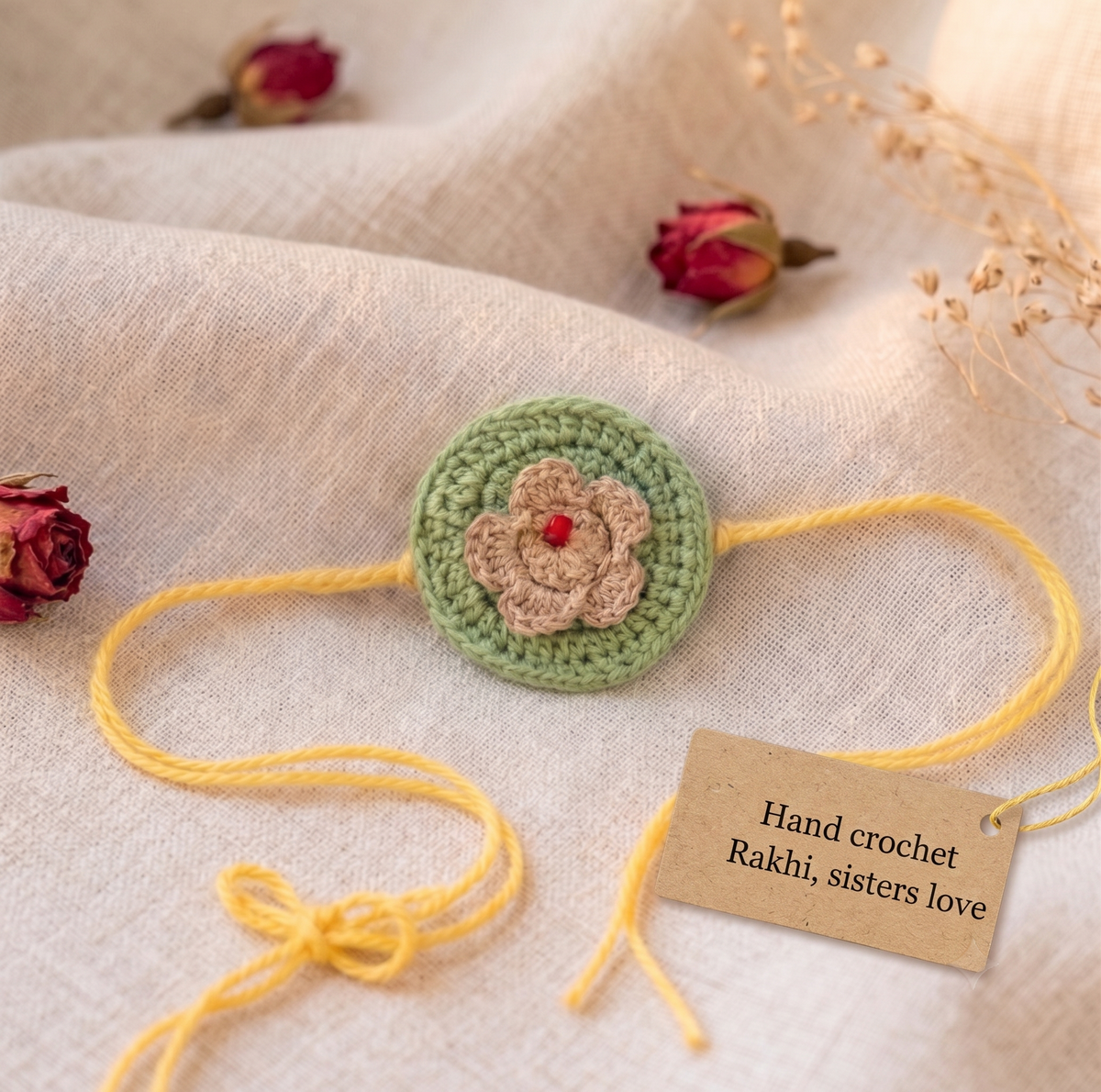 Handmade sage green crochet disc rakhi with beige flower and red bead