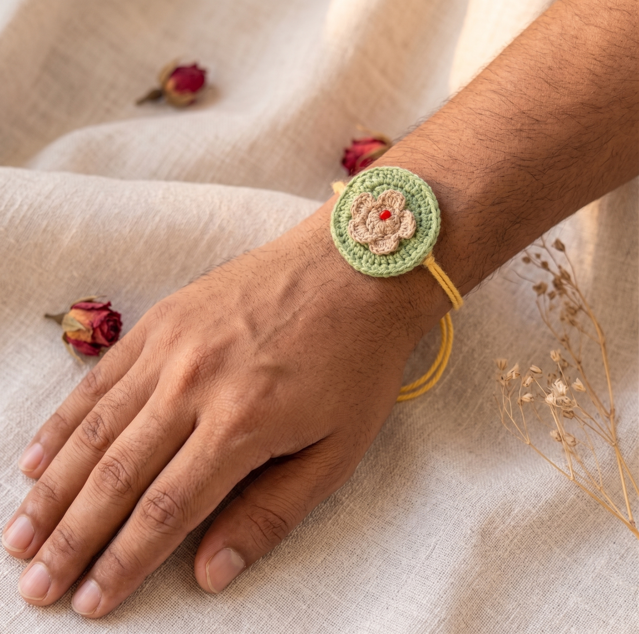 Handmade sage green crochet disc rakhi with beige flower and red bead
