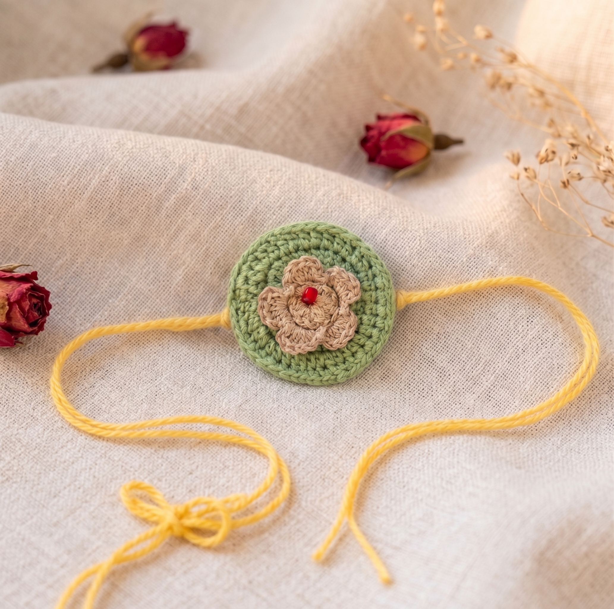 Handmade sage green crochet disc rakhi with beige flower and red bead