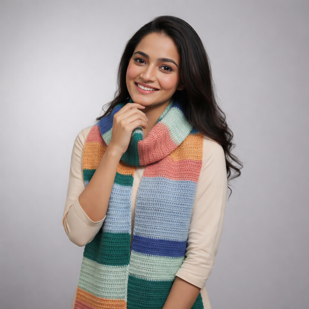 Multicolour striped crochet scarf in teal, pink, mustard and blue, handmade in Narsapuram